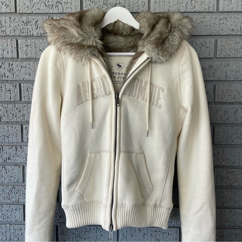 Y2K Abercrombie & Fitch Faux Fur Lined Full Zip Jacket Cream Size Medium RARE - Picture 5 of 10